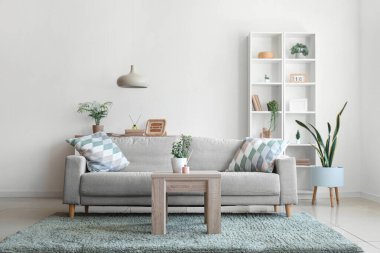 Aroma yayıcı ve ev bitkisi ahşap masa üzerinde ve oturma odasının içindeki rahat kanepe