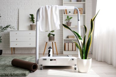 Oturma odasının iç tarafında havlu ve spor paspası olan koşu bandı.