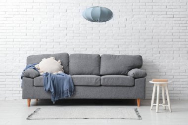 Yastıklı rahat bir kanepe ve oturma odasının içinde kitap olan kahve masasının yanında ekoseli.