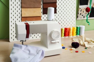 Modern dikiş makinesi, kumaş ve düğmeli ahşap masa, yakın plan.