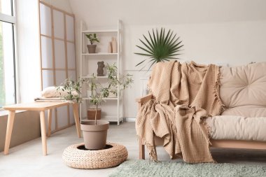 Ekose ve dekoratif zeytin ağacıyla rahat bir kanepe.