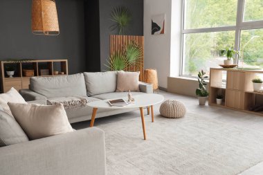 Konforlu kanepeler, puf, raf ünitesi ve oturma odasının içindeki kahve masası.