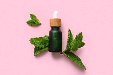 Pembe arka planda gerekli yağ ve nane yaprakları, yakın plan.