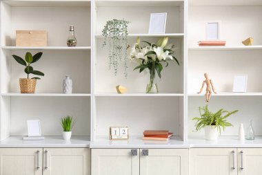 Farklı ev bitkilerine, fotoğraf çerçevelerine ve dekorasyonlara sahip beyaz raf ünitesi oturma odasında.