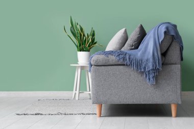 Yeşil duvarın yanındaki sehpada battaniyeli, yastıklı ve çiçekli şık gri kanepe.