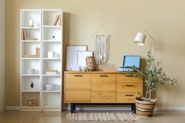 Çekmeceleri, raf ünitesi ve zeytin ağacı olan güzel bir oda.