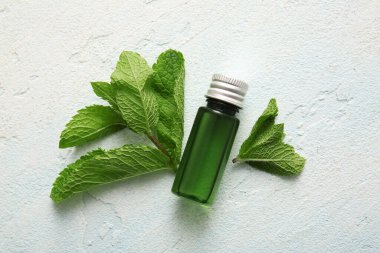 Bir şişe nane yağı ve soluk mavi arka planda yeşil yapraklar, yakın plan.