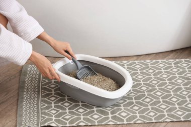 Tuvalette kedi kumu kutusunu temizleyen kadın, yakın plan.