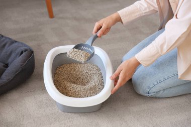 Evde kepçe kepçe kumu temizleyen genç bir kadın, yakın çekim.