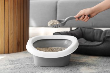 Evde kepçe kepçe kumu temizleyen genç bir kadın, yakın çekim.