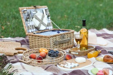 Parkta romantik piknik için lezzetli şarap ve atıştırmalıklar. Yakın çekim.