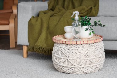 Oturma odasında bir şişe aroma spreyi ve pouf üzerine bitki.