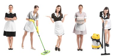 Beyaz arka planda bir dizi güzel oda hizmetçisi