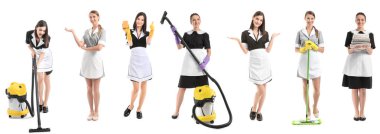 Beyaz arka planda bir dizi güzel oda hizmetçisi