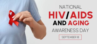 Ulusal HIV AIDS ve Yaşlanma Farkındalığı Günü afişi. Elinde kurdele olan genç bir kadın.