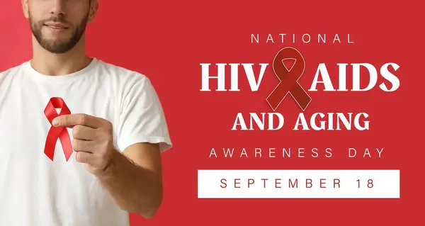 stock image Banner for National HIV AIDS and Aging Awareness Day with young man holding ribbon