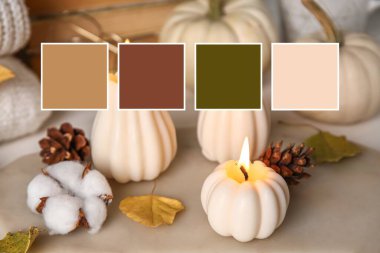 Mumlar ve sonbahar yapraklarıyla kompozisyon. Farklı renk desenleri