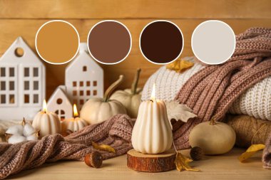 Mumlarla güzel bir kompozisyon ve ahşap arka planda sonbahar süslemeleri. Farklı renk desenleri