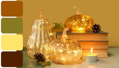 Sonbahar yapraklarıyla parlayan balkabakları ve renkli arka plan kitapları. Farklı renk desenleri