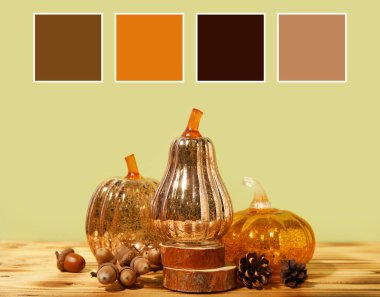 Ahşap masada yeşil arka planda dekoratif balkabakları. Farklı renk desenleri