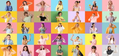 Renkli arka planda müzik dinleyen kulaklıklı farklı insanların kolajı