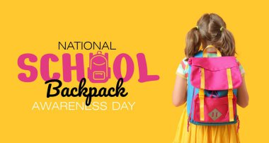 Little girl with schoolbag on yellow background. National School Backpack Awareness Day clipart