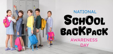 Little students with schoolbags near locker. National School Backpack Awareness Day clipart