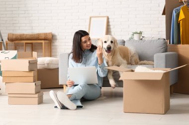 Genç mutlu kadın ve dizüstü bilgisayarı olan sevimli Labrador köpeği evde oturuyor.