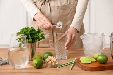 Evde elinde buz maşası ve mojito malzemeleri olan genç bir kadın var.