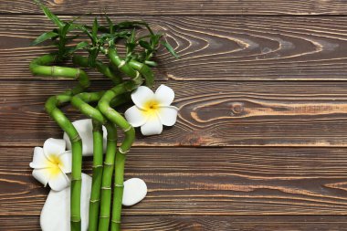 Yeşil bambu kökleri, su tesisatı çiçekleri ve ahşap arka planda spa taşları.