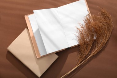 Renk arkaplanı üzerinde boş kitap ve kuru sazlıklar olan kompozisyon