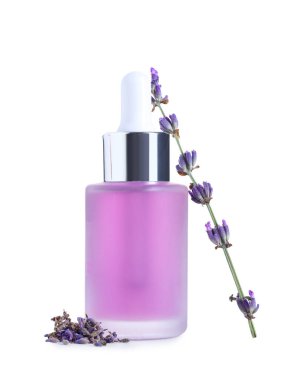 Beyaz arka planda bir şişe lavanta yağı ve çiçek, yakın plan.