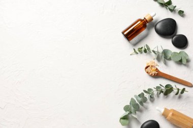 Spa taşları, masaj vücut fırçası ve okaliptüs şişeleri hafif grunge arka planda gerekli yağ