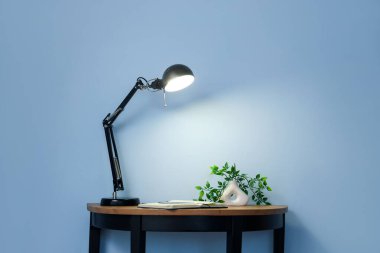 Üzerinde defter, çiçek ve mavi duvarın yanında parlayan masa lambası olan masa.