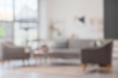 Gri kanepeli ve koltuklu oturma odasının bulanık görüntüsü