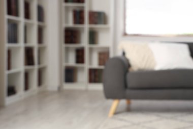 Oturma odasında bir sürü kitabı olan gri kanepe ve kitaplığın bulanık görüntüsü