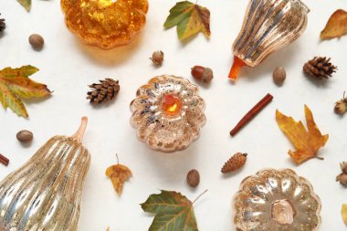 Sonbahar yaprakları ve beyaz arka planda meşe palamudu olan dekoratif balkabakları