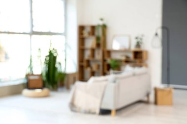 Oturma odası, kanepe, raf üniteleri ve bitkilerle bulanık görünüyor.