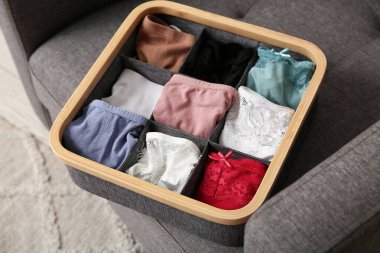 Odadaki koltukta iç çamaşırlı organizatör, yakın plan.