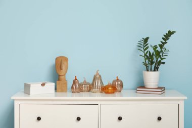 Heykelciği olan dekoratif balkabakları ve mavi duvarın yanındaki klozette bitkiler.