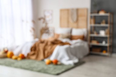 Bulanık yatak odası manzarası raf ünitesi, otlar ve balkabakları