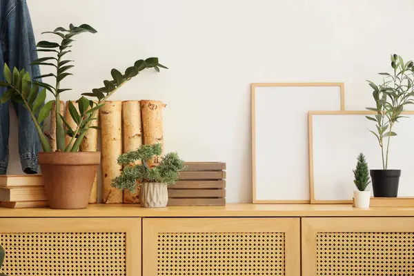 stock image Books with firewood, plants and frames on commode in living room