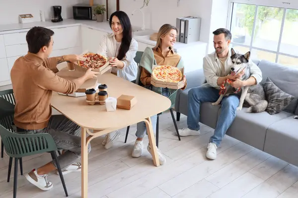 Ofis mutfağında öğle yemeği sırasında pizzacı ve köpekli iş arkadaşları.