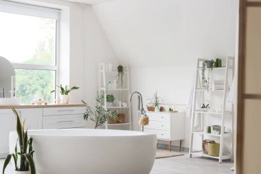 Banyonun içinde tezgah, raf üniteleri ve küvet var.