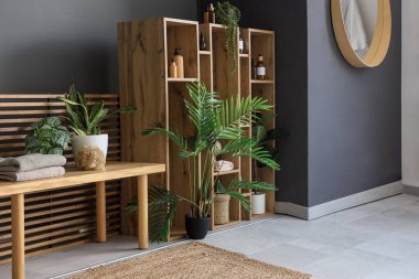 Banyonun içinde raf ünitesi, ahşap bank ve bitkiler var.