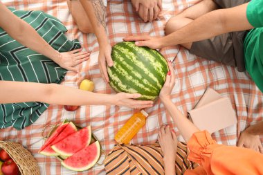 Parkta piknikte karpuz yiyen genç arkadaşlar.