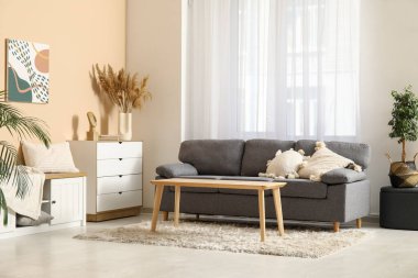 Güzel oturma odasının içinde rahat bir kanepe, çekmeceler, yastıklar ve kahve masası.