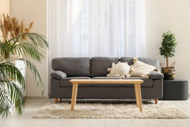 Güzel oturma odasının içinde rahat bir kanepe, çiçek, yastıklar ve kahve masası var.