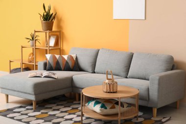 Rahat kanepesi, yastığı, raf ünitesi ve sehpası olan güzel bir oturma odası.