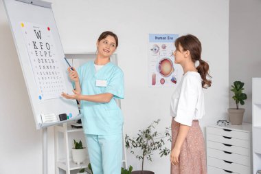 Kadın göz doktoru klinikte hastanın gözlerini kontrol ediyor.